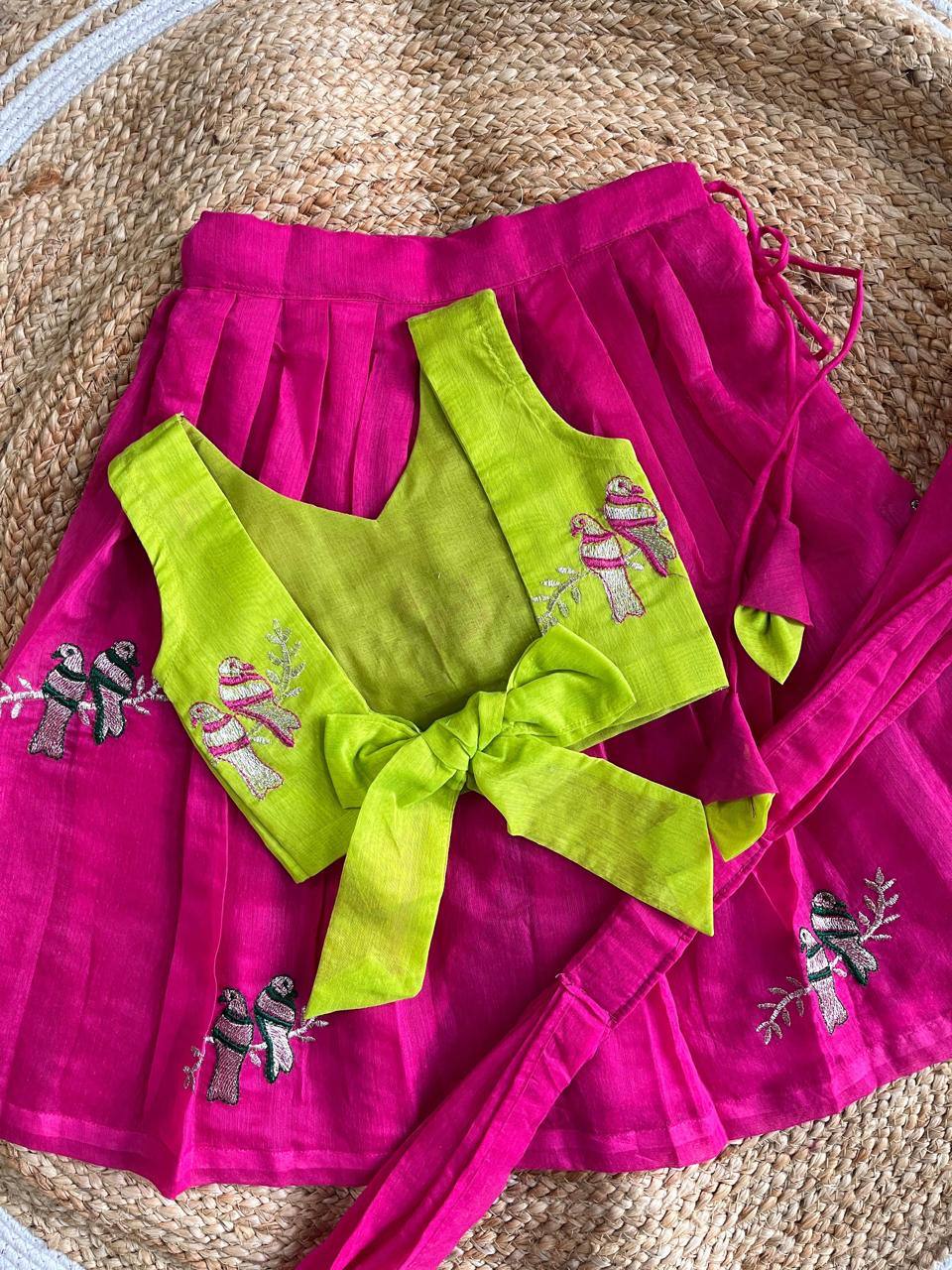 Ethnic Birds Embroidered Pattu Pavadai Set for Girls SD-2003