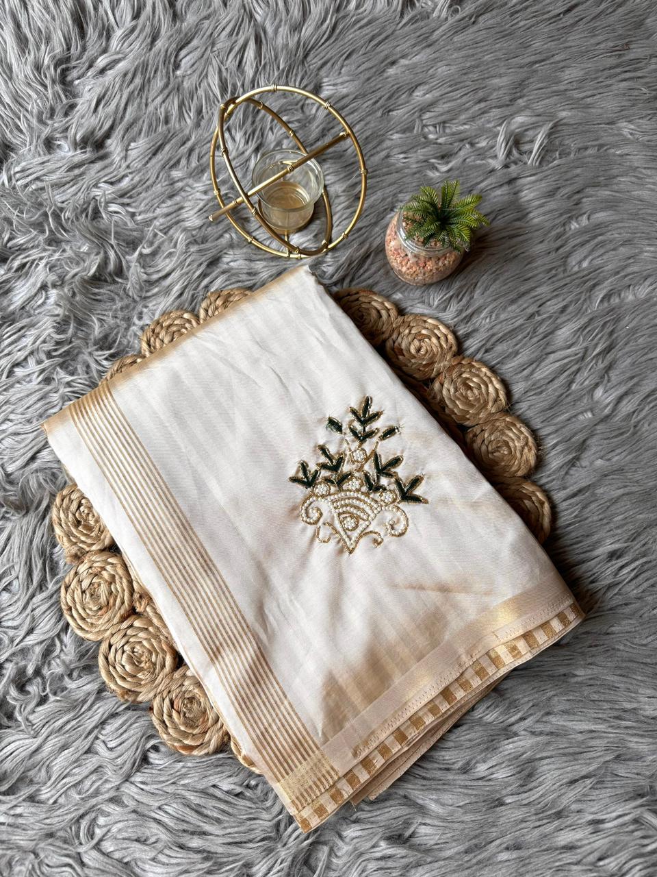 Primium Soft Tussar Silk With Handwork Buttas on Saree Delight work   Blouse Running Tussar Silk SD1219