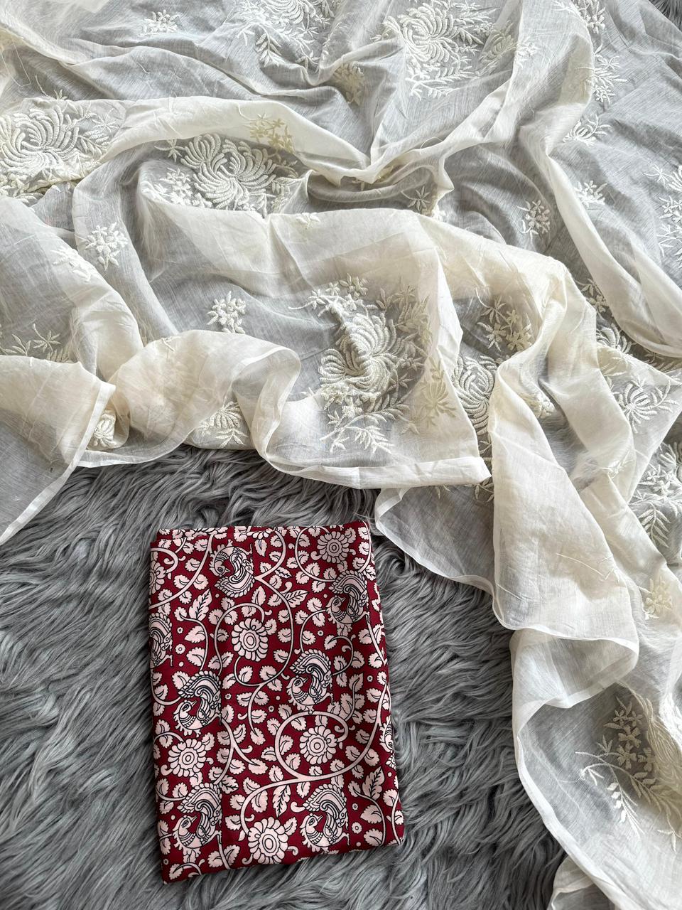 Primium Chanderi cotton With Exclusive Flower Work And Heavy Cotton Tussels  Blouse Pure Cotton Kalamkari Print (Unstiched) SD5091