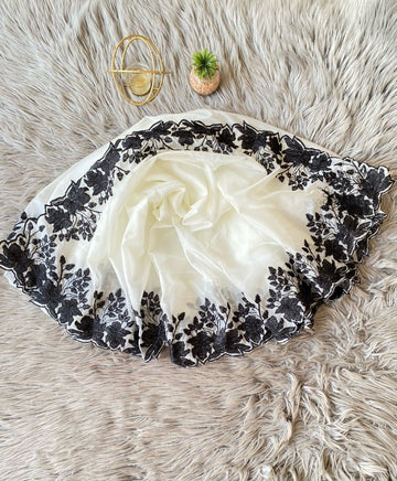 Pure Tebby Soft Orgenza With Black Scalping Work And Cutwork  Blouse Black Bangalori Silk Unstiched SD1029