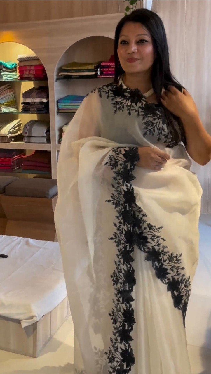 Pure Tebby Soft Orgenza With Black Scalping Work And Cutwork  Blouse Black Bangalori Silk Unstiched SD1029