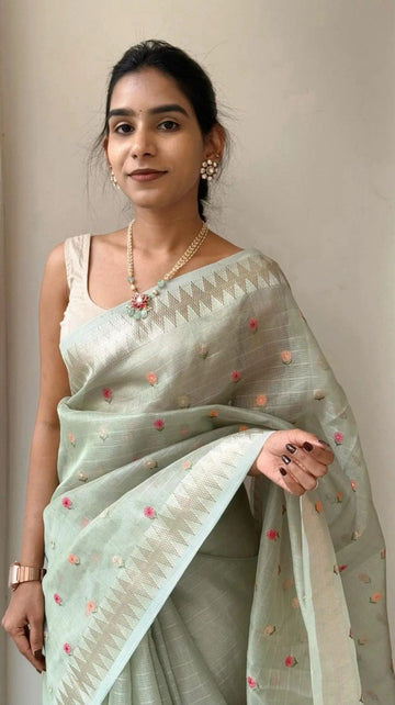 Primium BANARSI Tissue Saree with Small Butti Thread work All over Saree with tussles   Blouse Running BANARSI Tissue  (Unstiched) SD5093
