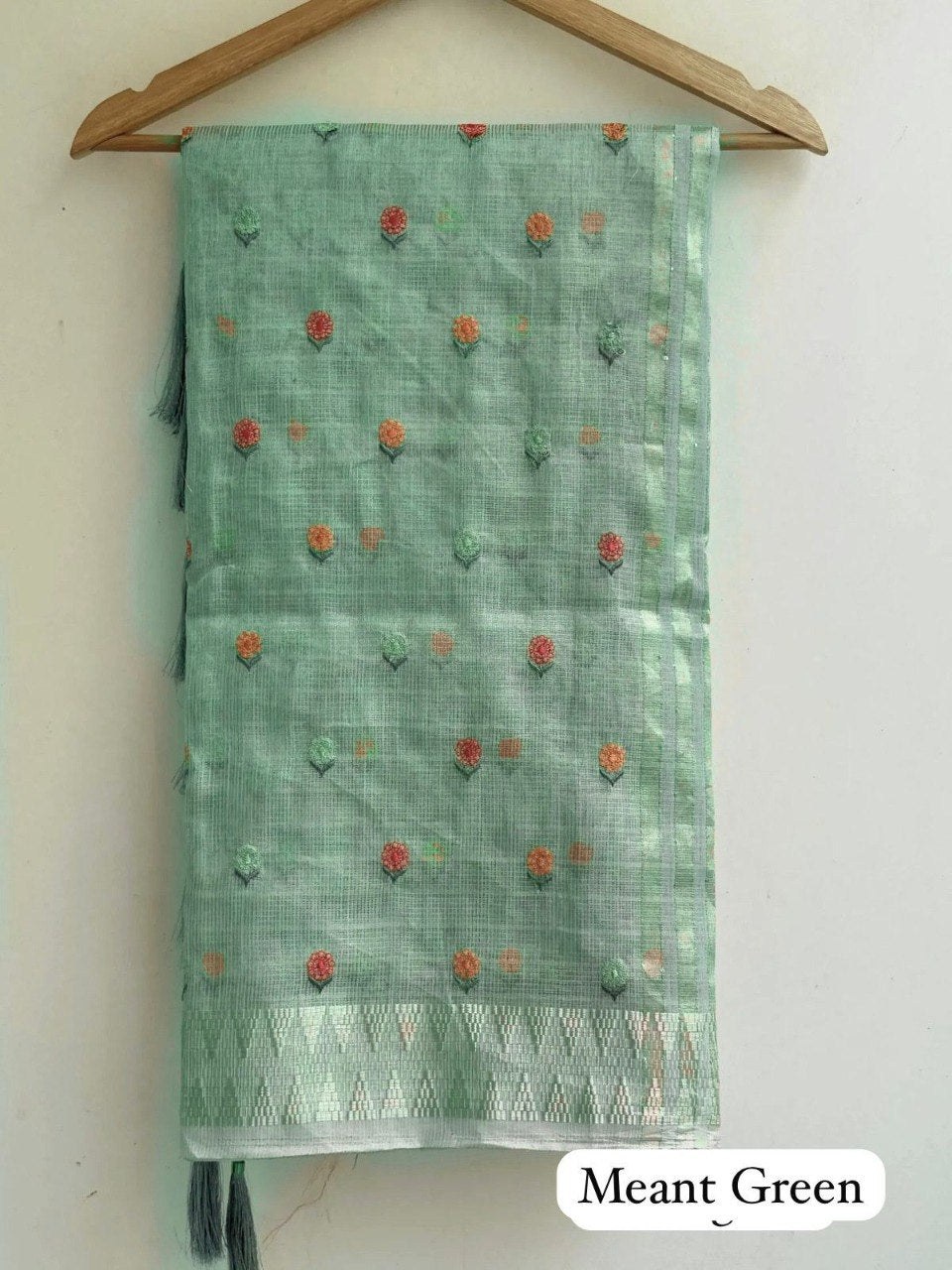 Primium BANARSI Tissue Saree with Small Butti Thread work All over Saree with tussles   Blouse Running BANARSI Tissue  (Unstiched) SD5093