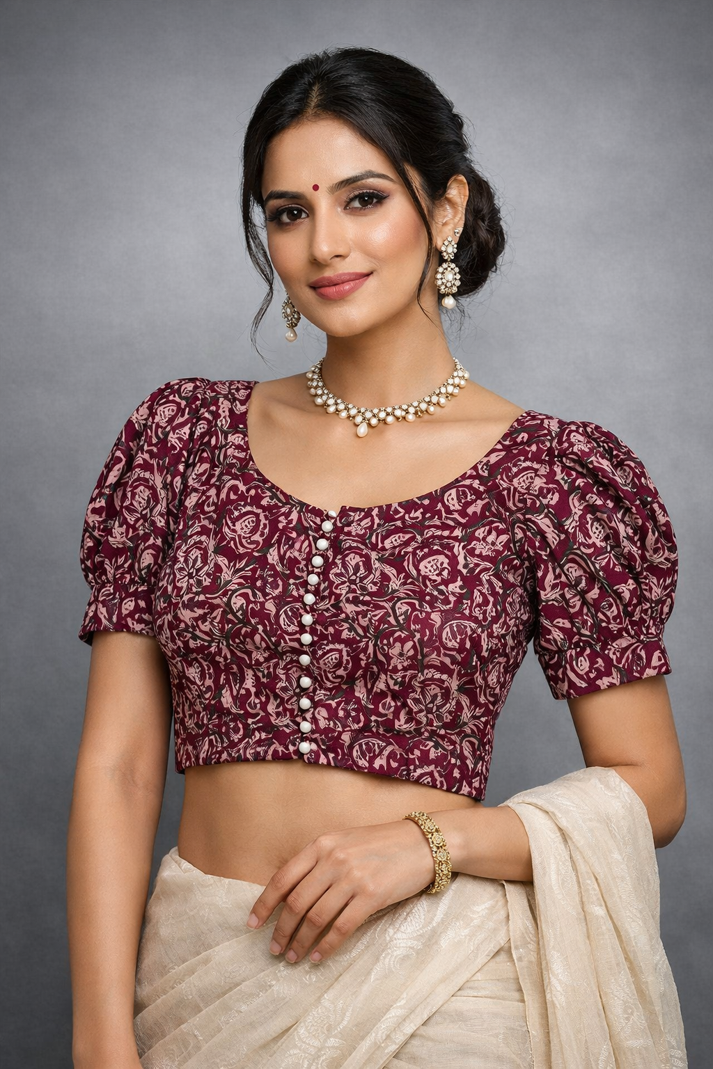 Hand-Block Floral Cotton Saree with Maroon Kalamkari Blouse SD-1094