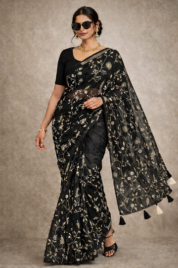 Elegant Black Embroidered Premium chanderi  Saree SD-1095
