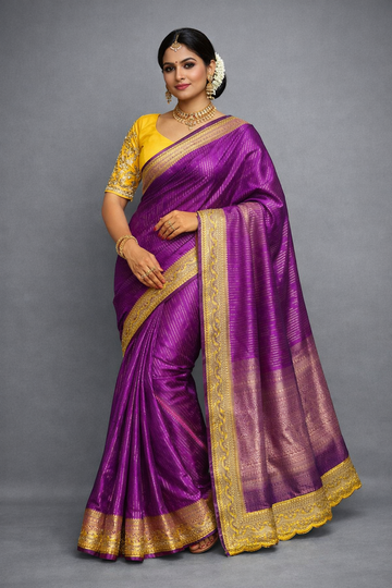 Royal Purple Silk Blend Saree with Contrast Mustard Embroidered Blouse SD-1091