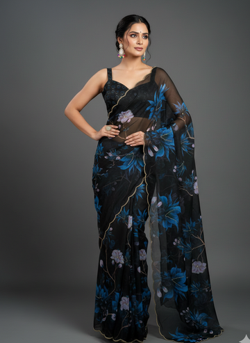 Black Organza Saree with Azure Floral Art SD-1064