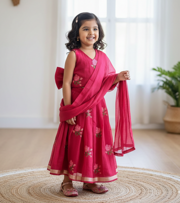 Rose Hand-Embroidered Chanderi Lehenga Set for Girls SD-2004