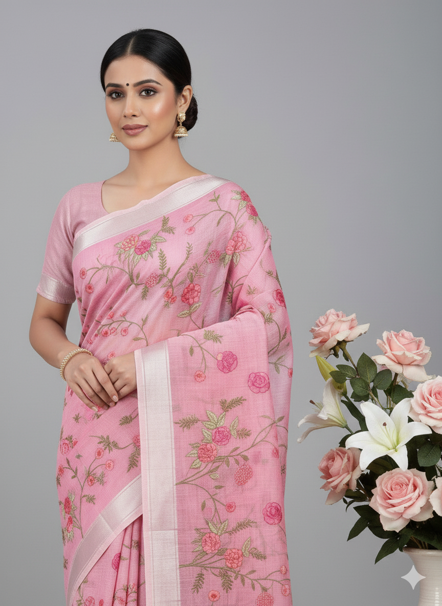 Hand-Embroidered Ivory Kota Doriya Saree with Pink Rose Motifs S-0025