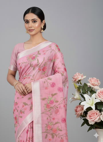 Hand-Embroidered Ivory Kota Doriya Saree with Pink Rose Motifs S-0025