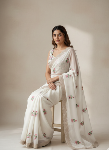 The 'Moonlit Garden' Saree | Exquisite Handwork on Sheer White Fabric  SD-1011