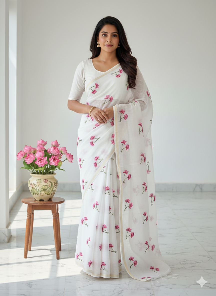 Blooming Blossom White Saree S-0036