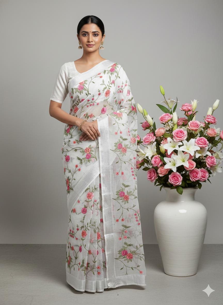 Hand-Embroidered Ivory Kota Doriya Saree with Pink Rose Motifs S-0025