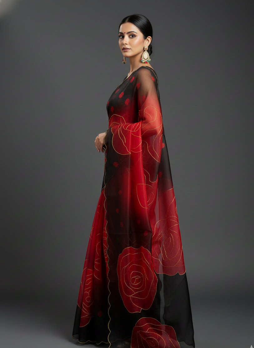 Crimson Rose Shadow Organza Saree – A Dual-Tone Masterpiece SD-1071