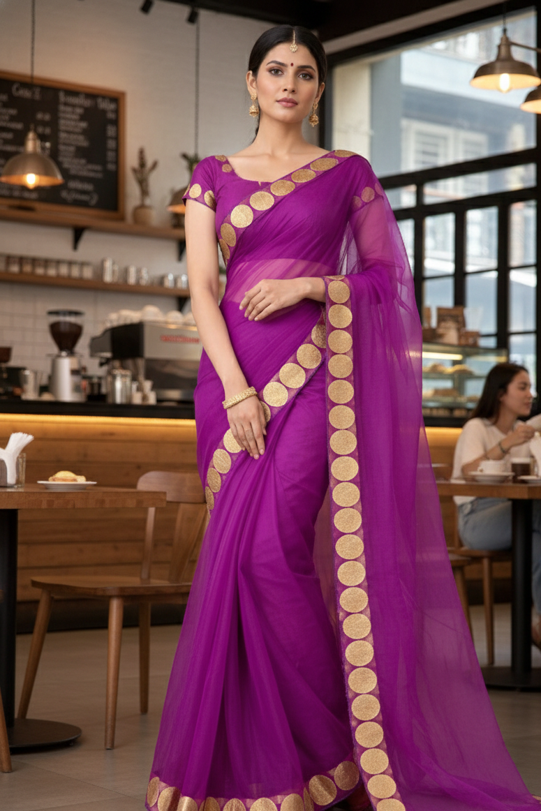 Regal Organza Silk Saree with Bold Gold Appliqué Borders SD-1114