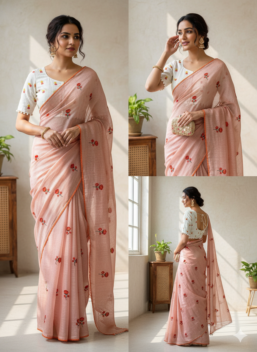 Pastel Kota Doria Saree with Designer Embroidered stiched Blouse SD-1056