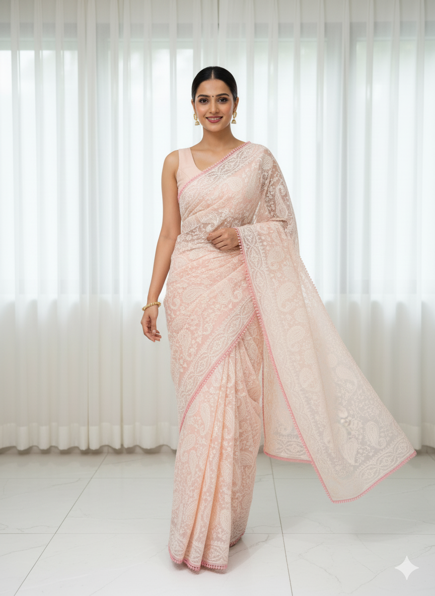 Chikankari Organza Saree Blush Pink Kashmiri Weave Saree S-0026