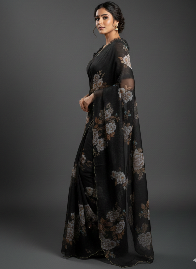 Elegant Black Floral Organza Saree with Designer Ruffle Blousen SD-1070