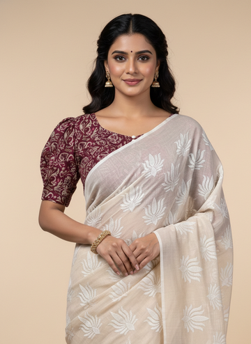 Hand-Block Floral Cotton Saree with Maroon Kalamkari Blouse SD-1094