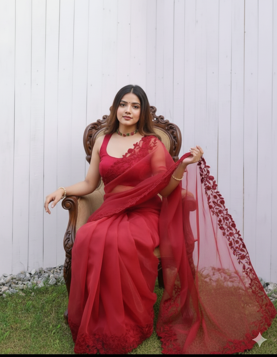 Crimson Bloom Organza Saree (Maroon) S-0032
