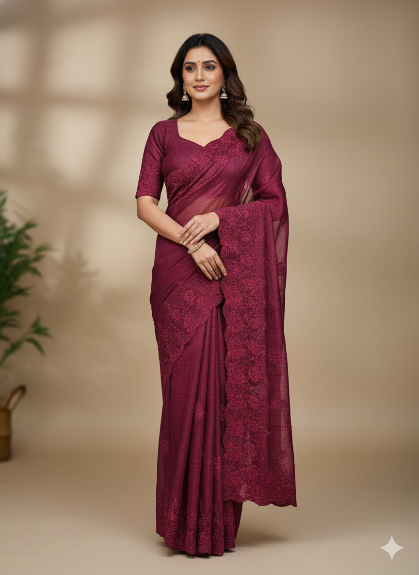 Magenta Floral Embroidered Designer Saree  (Burgundy)  S-0040