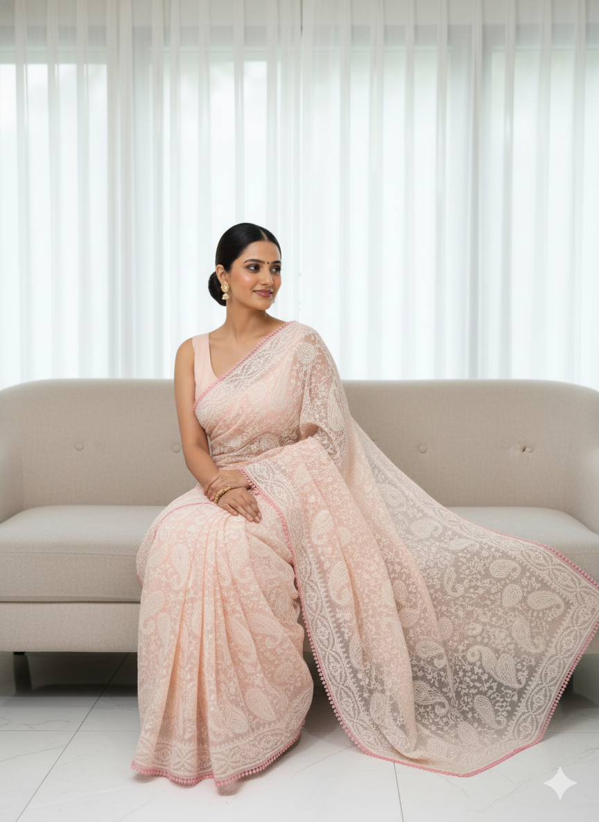 Chikankari Organza Saree Blush Pink Kashmiri Weave Saree S-0026