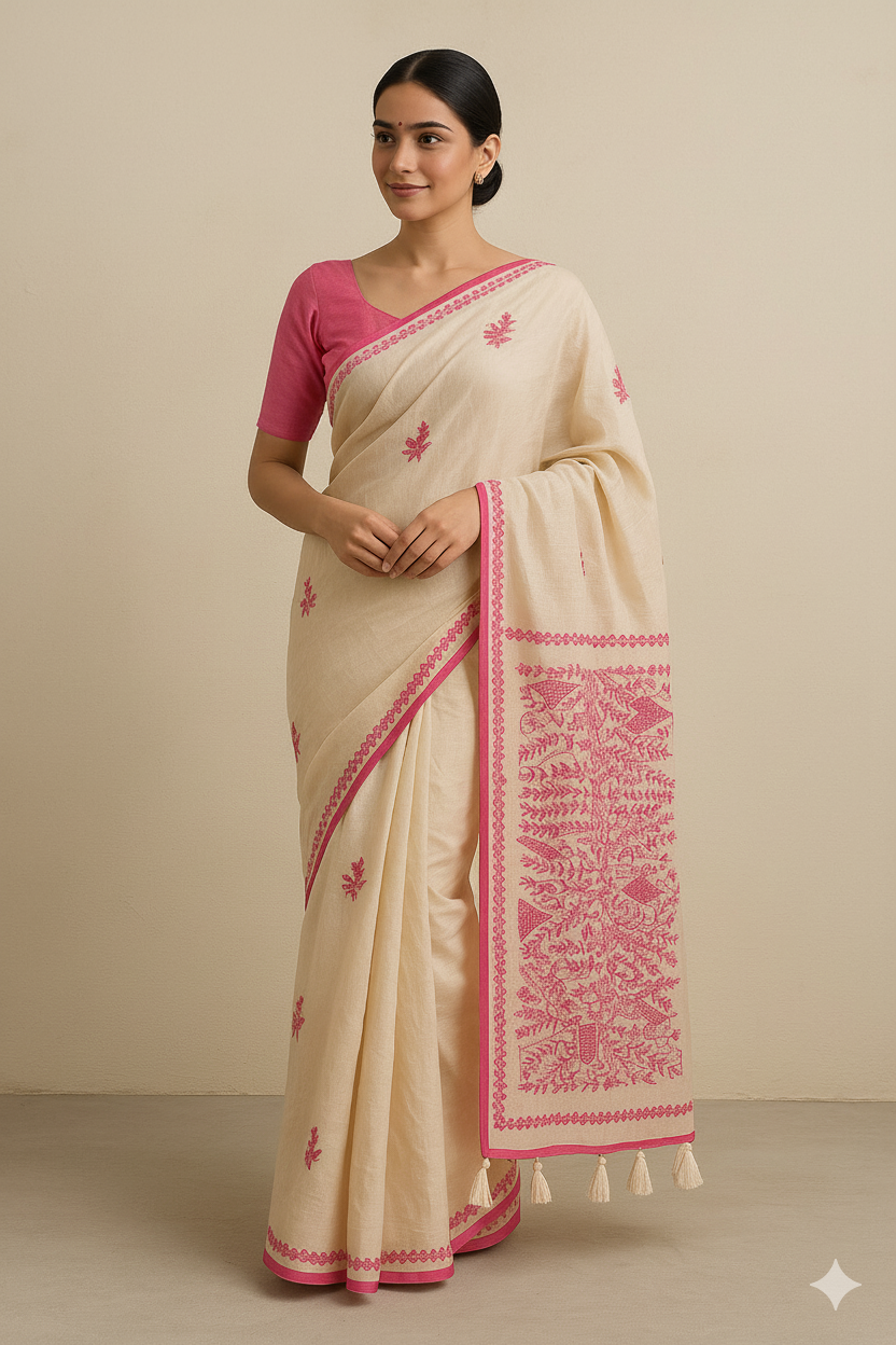Vintage Charm Saree in Off-White With Embroidery S-0030