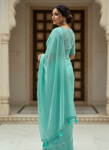 Crushed Organza with Floral Thread Work & Tassels  SD-1111