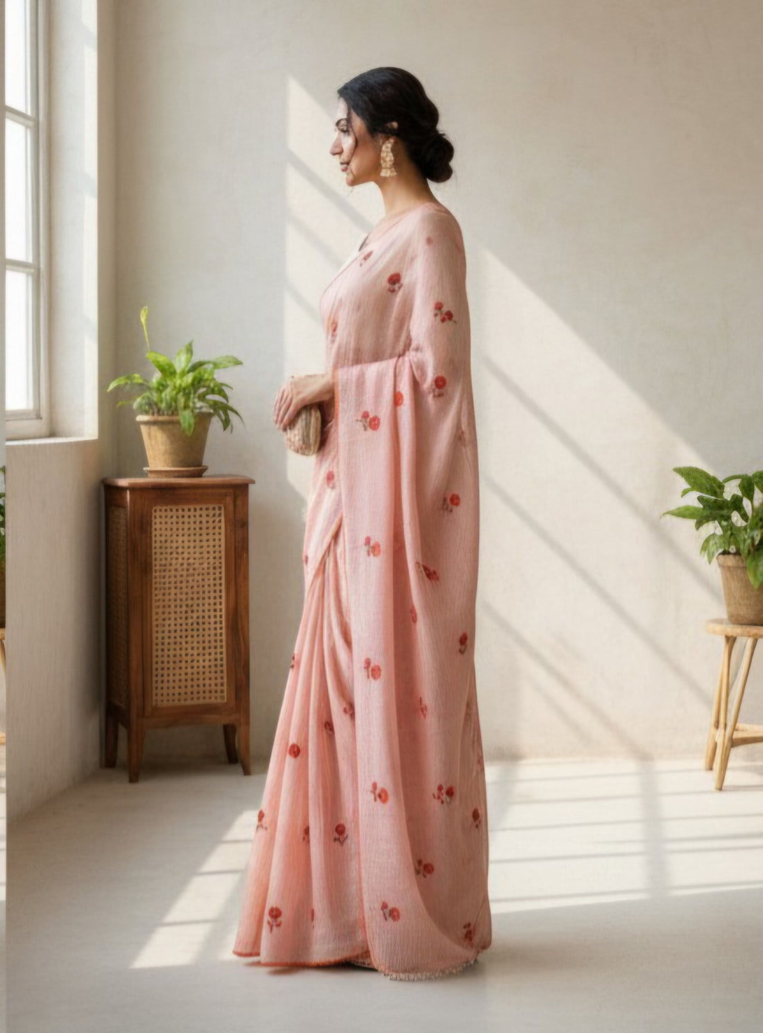 Blush Peach Kota Doriya Saree with Floral Embroidery S-0015