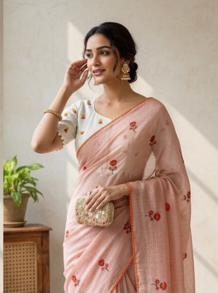 Blush Peach Kota Doriya Saree with Floral Embroidery S-0015