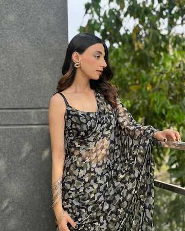 Premium Soft Georgette Military Digital Print Saree With Heavy Sequence Lace Border