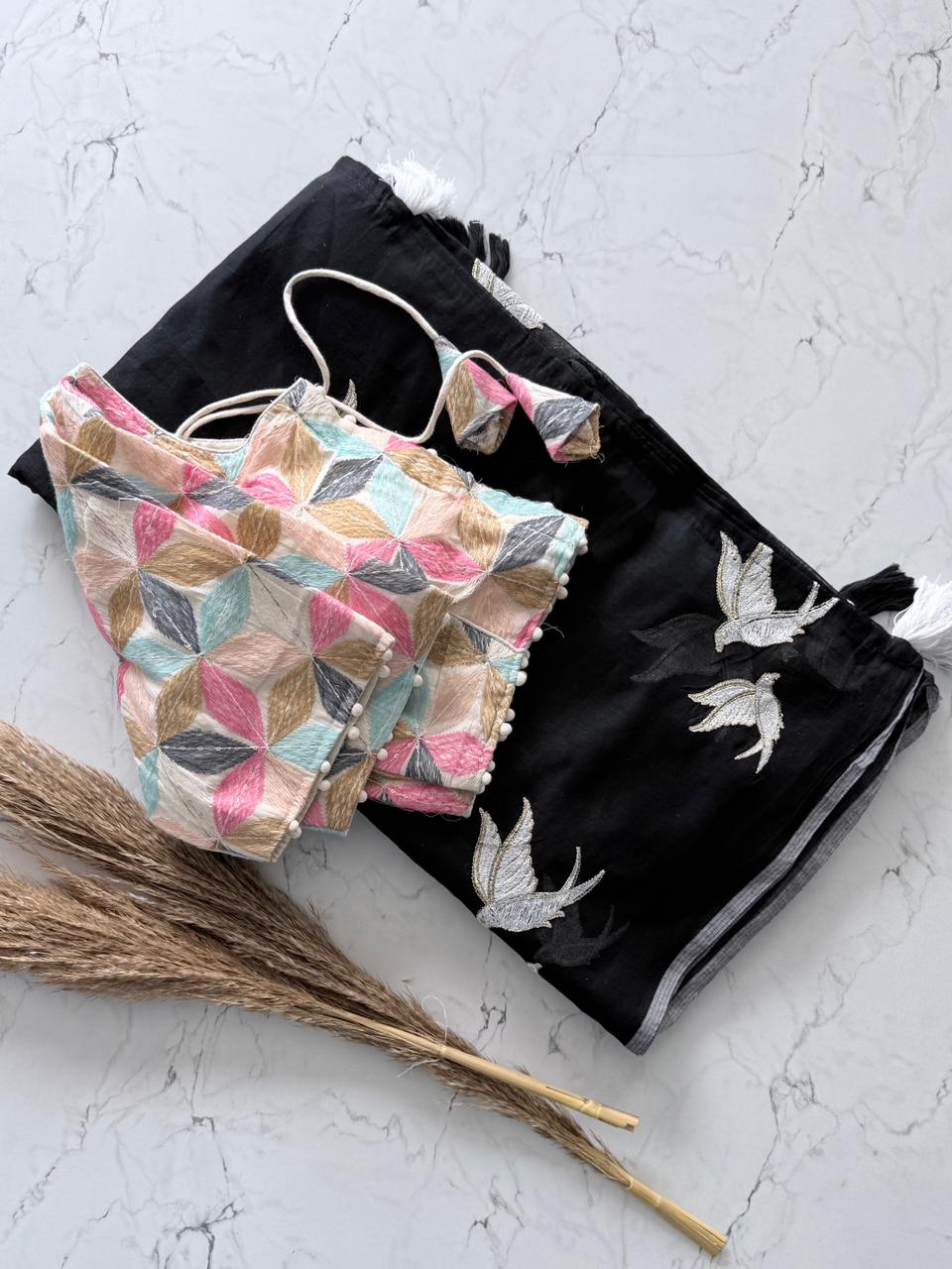 Saree with Bird Motifs And Stiched Blouse  SD-1029