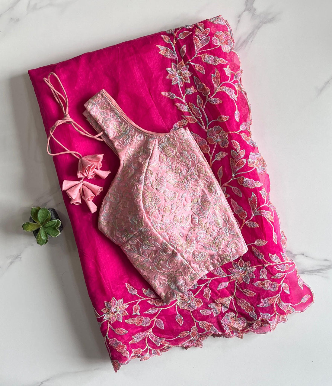 Elegant Pink Embroidered Saree with Matching Blouse and Tassel S-001