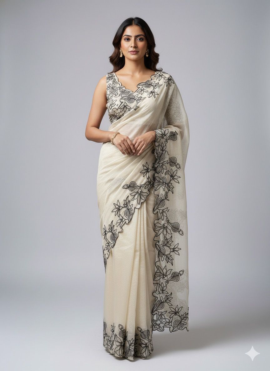 Classic Ivory Saree with Bold Black Cutwork S-0019