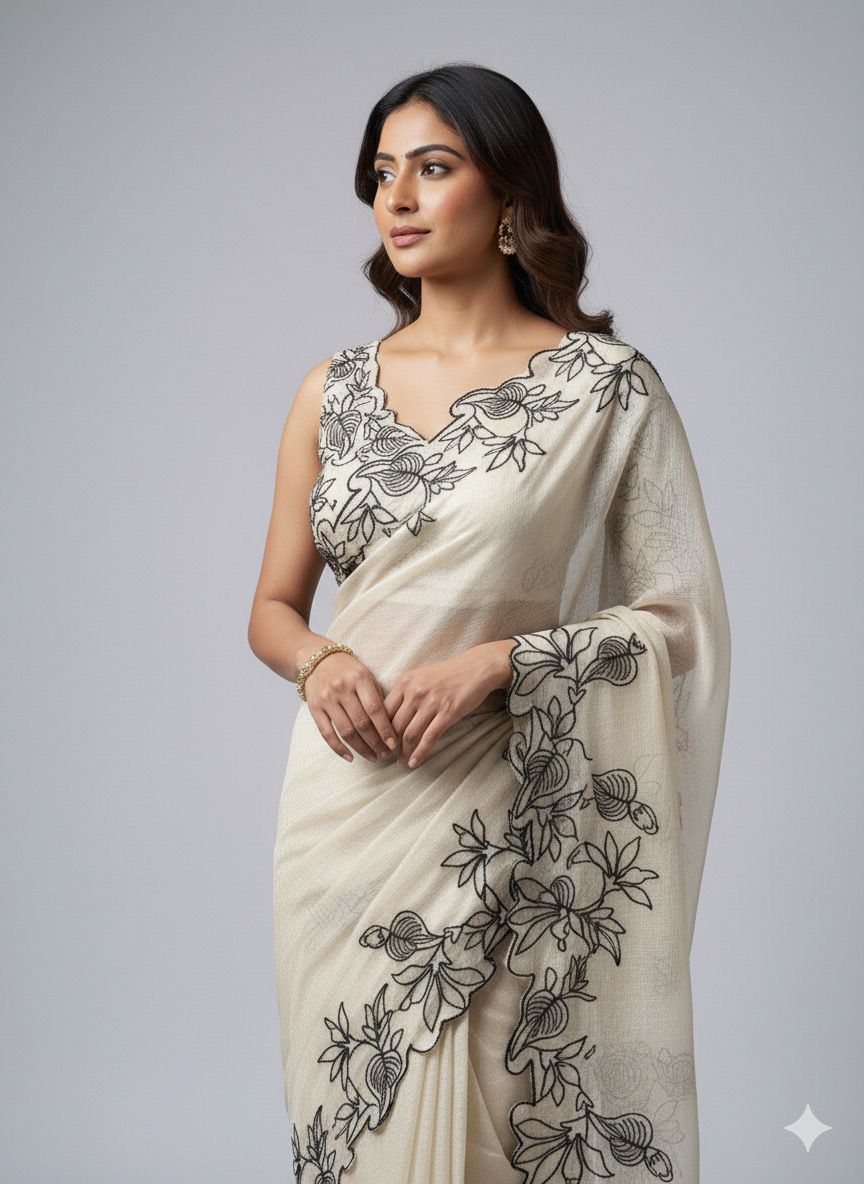 Classic Ivory Saree with Bold Black Cutwork S-0019
