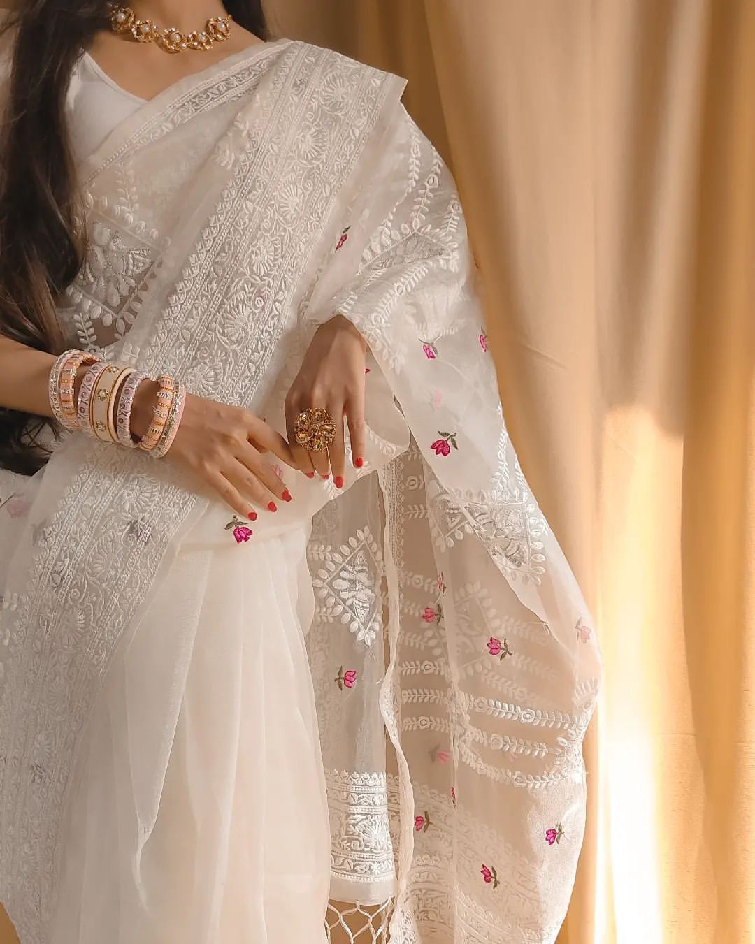 Pure soft Off-white silk  organza saree with Lucknowi & silver zari touch up embroidered  S-0022