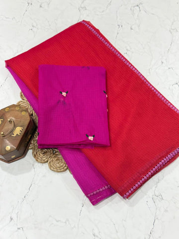 Dual-Tone Handloom Cotton Silk Saree with Floral Hand-Embroidered Blouse SD-1076