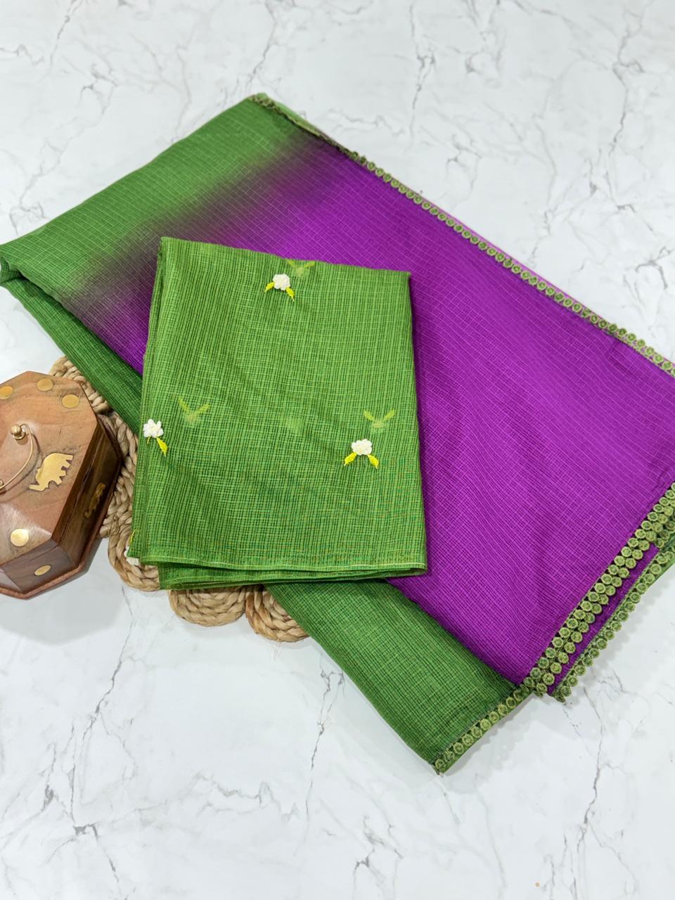 Dual-Tone Handloom Cotton Silk Saree with Floral Hand-Embroidered Blouse SD-1076