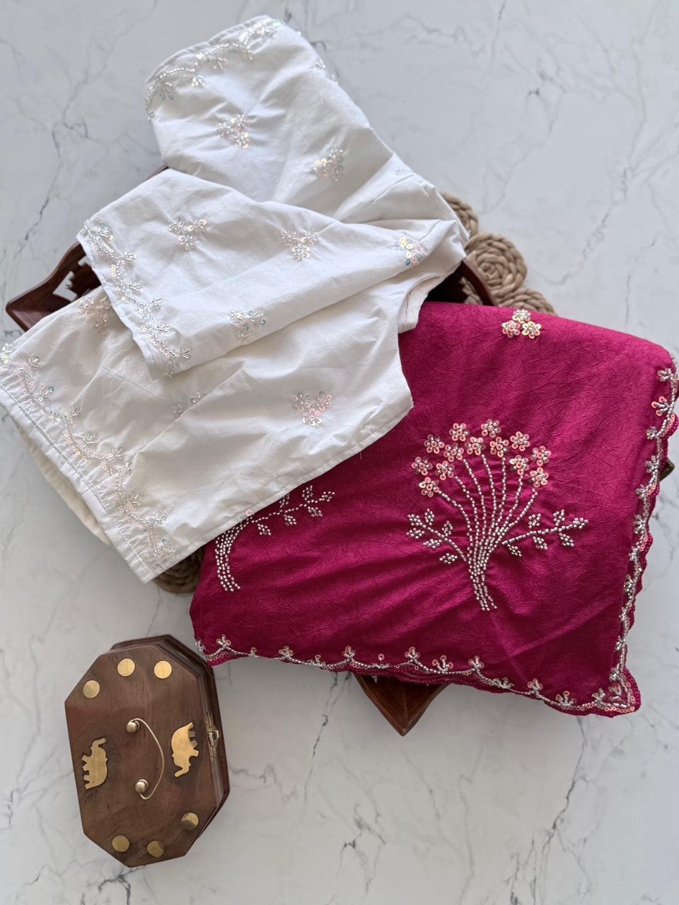 Designer Crushed Silk Saree with Sequin & Bead Hand-Work Floral Design SD-1058