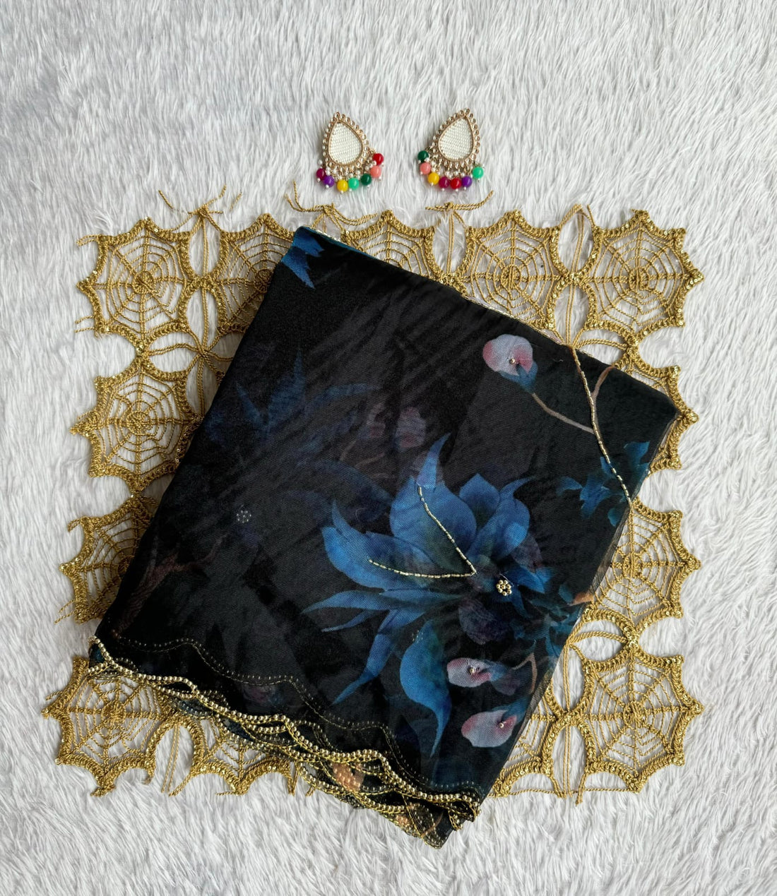 Black Organza Saree with Azure Floral Art SD-1064