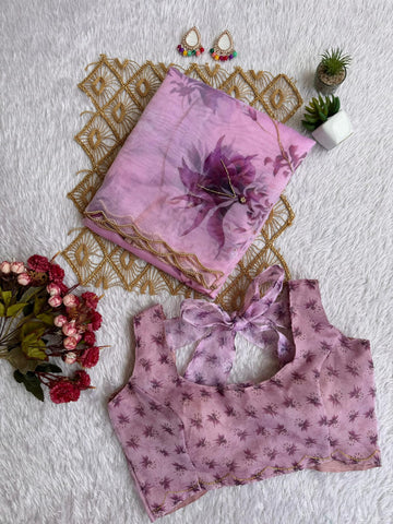 Mauve Floral Printed Organza Saree with Scalloped Border  SD-1077