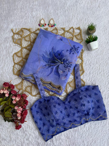 Periwinkle Blue Floral Printed Saree with Gold Scalloped Border SD-1078