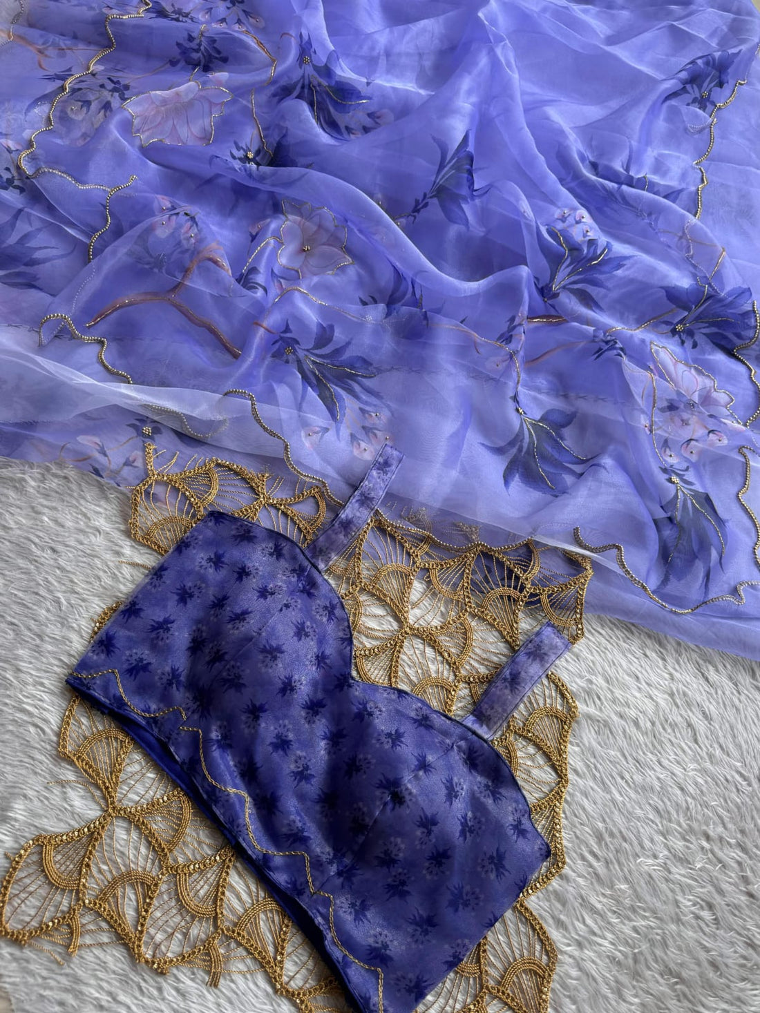 Periwinkle Blue Floral Printed Saree with Gold Scalloped Border SD-1078