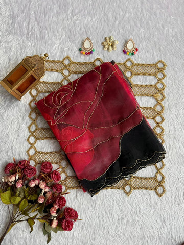 Crimson Rose Shadow Organza Saree – A Dual-Tone Masterpiece SD-1071