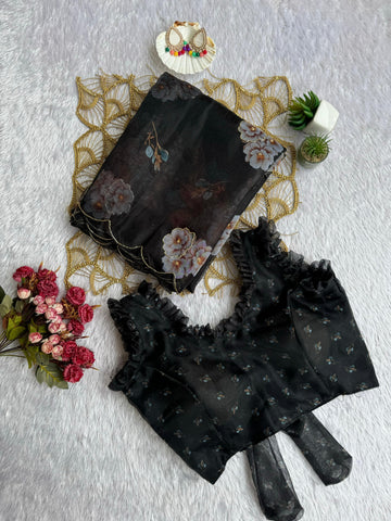 Elegant Black Floral Organza Saree with Designer Ruffle Blousen SD-1070