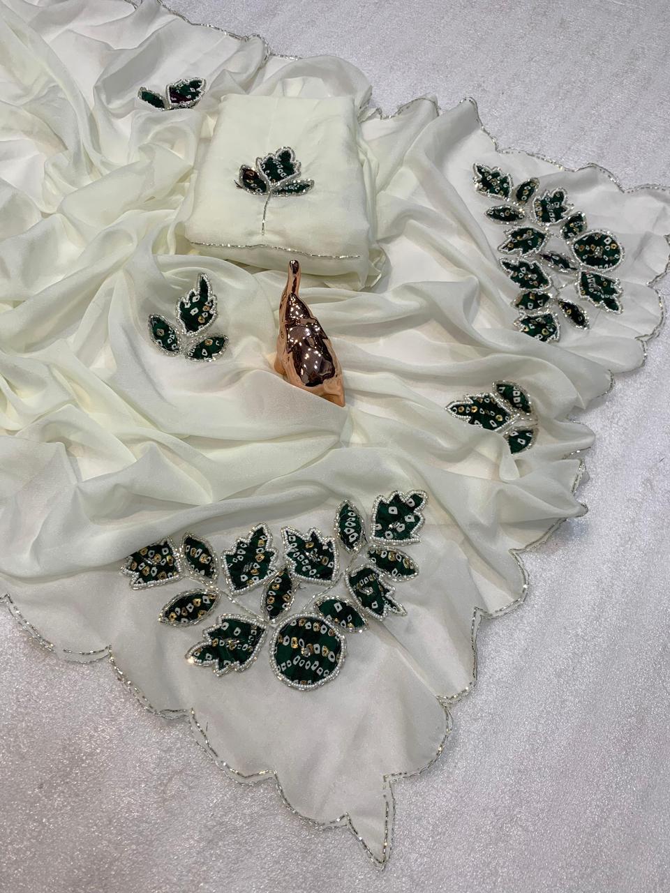 Ethereal Pearl-White Saree with Emerald Bandhani Appliqué SD-1090