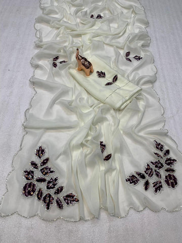 Ethereal Pearl-White Saree with Emerald Bandhani Appliqué SD-1090