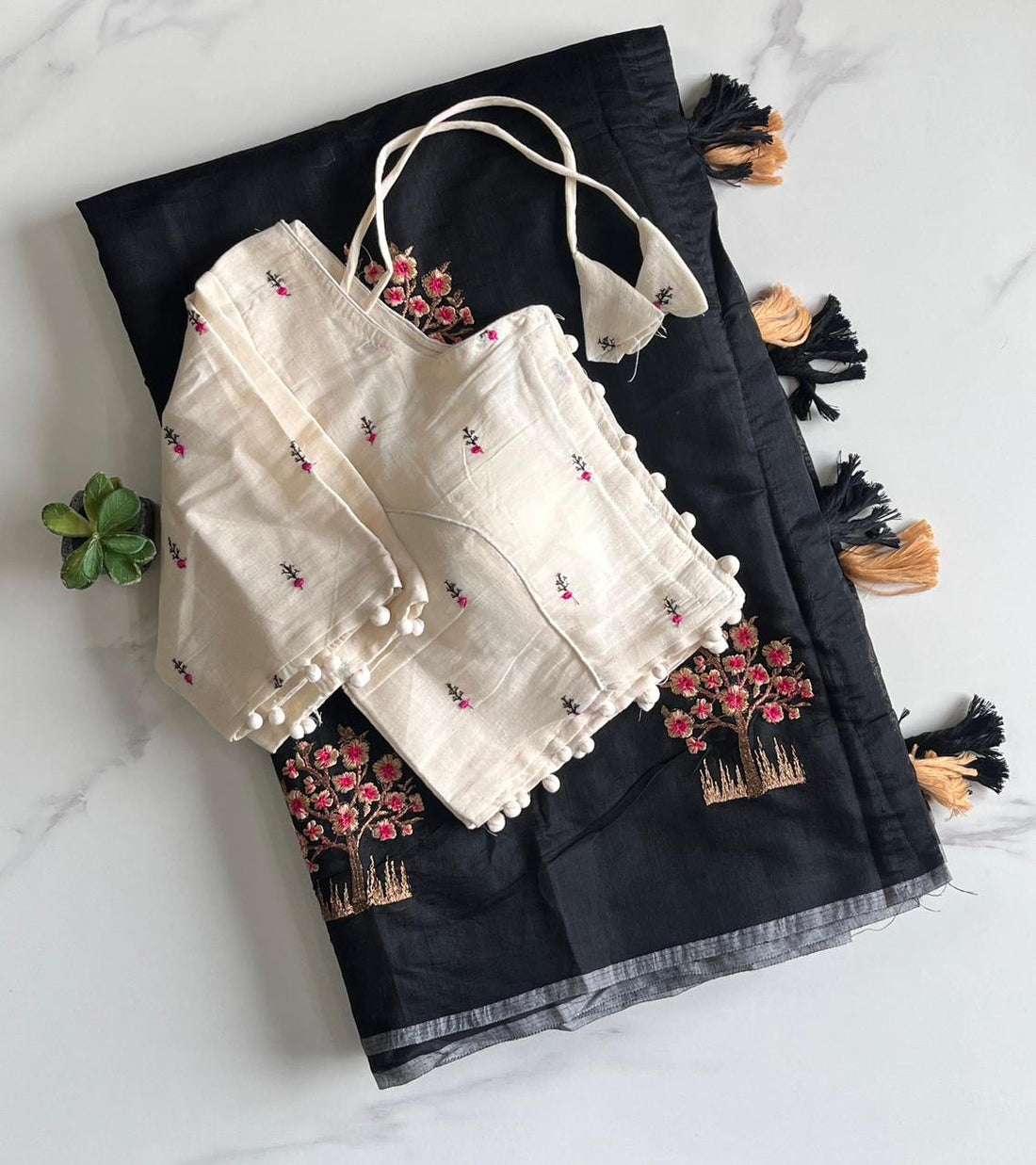 Tree of Life Embroidered Saree with Tassel Detail With Stiched Blouse SD-1079