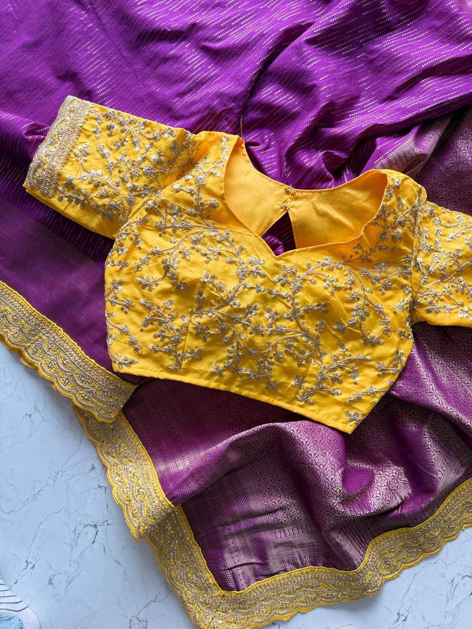 Royal Purple Silk Blend Saree with Contrast Mustard Embroidered Blouse SD-1091