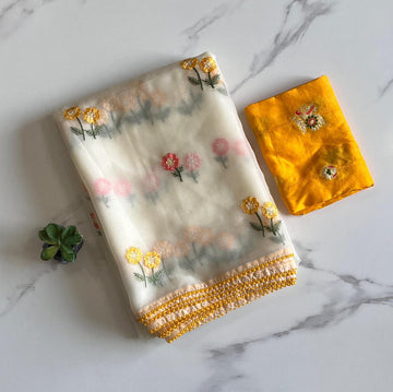 Blooming Ivory Floral Saree with Marigold Blouse mango SD-1093